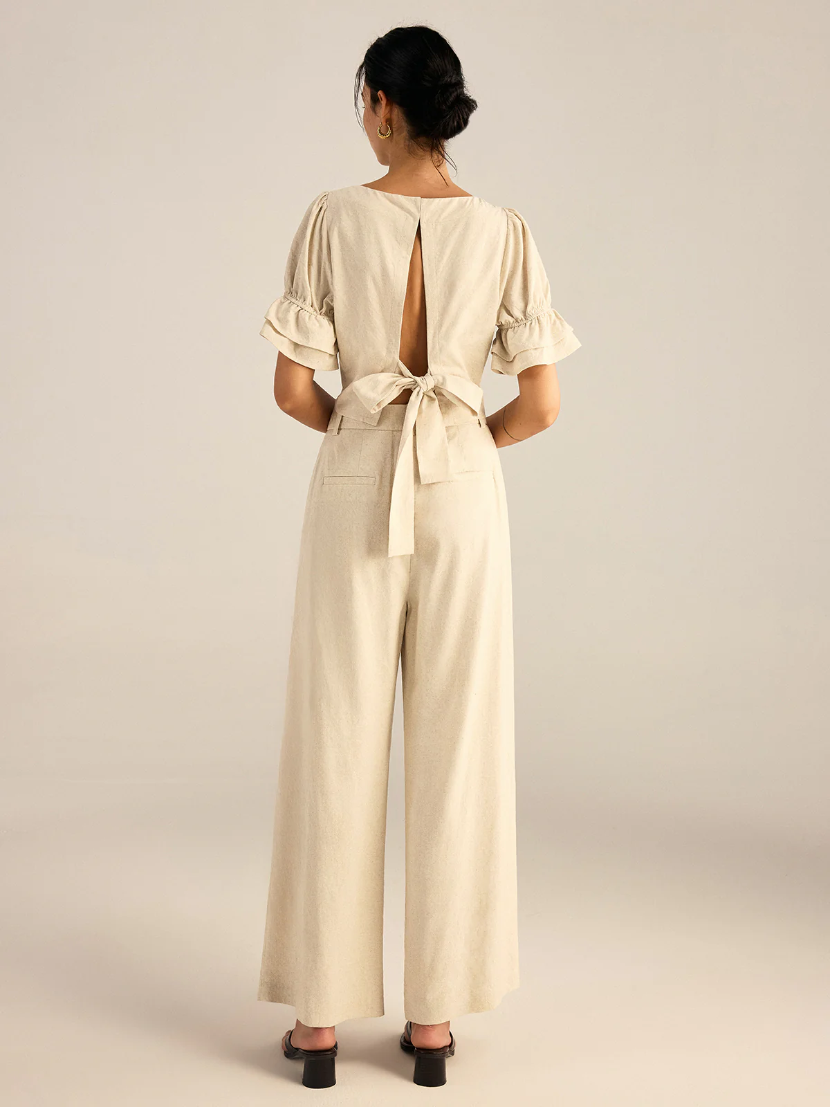 Cotton & Linen Puff-Sleeves Bow-Back Top and Pants Set