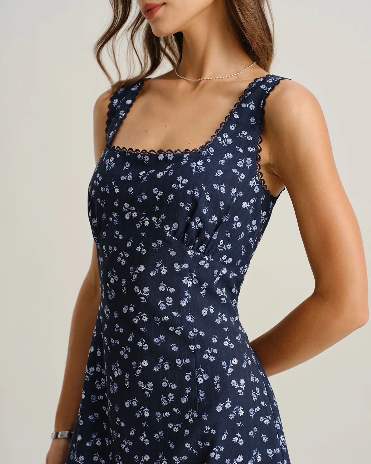Navy Floral Square Neck Slip Mini Dress