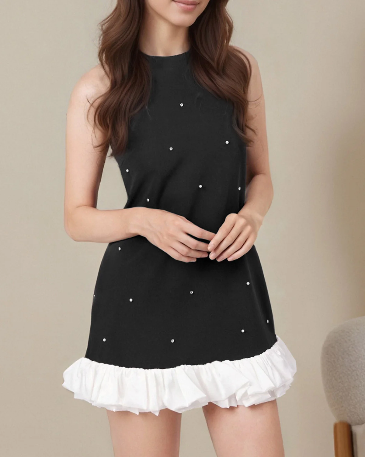 Black Contrasting Elegant A-Line Mini Dress