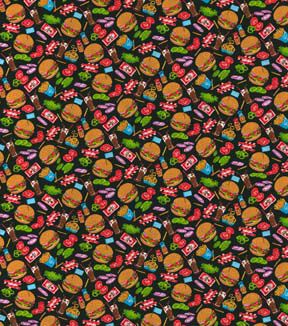 Fabric Traditions Diner Food on Black Novelty Cotton Fabric