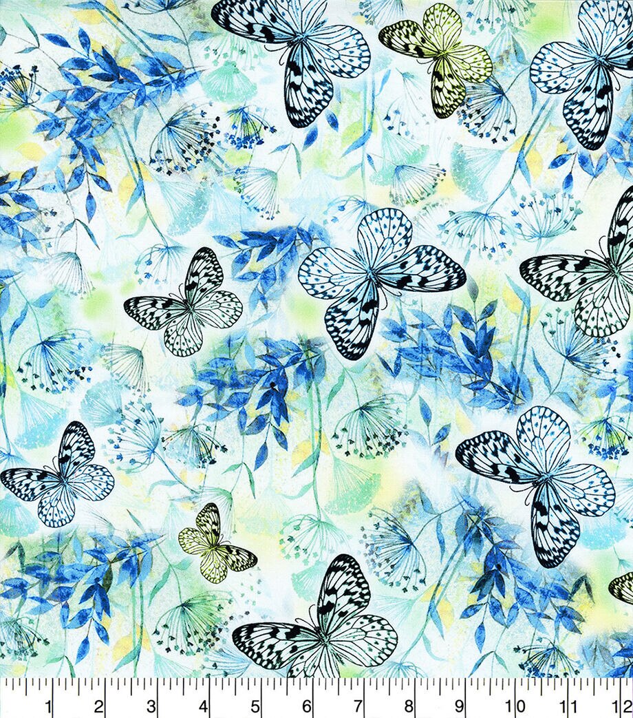 Blue Neon Butterfly Premium Cotton Fabric