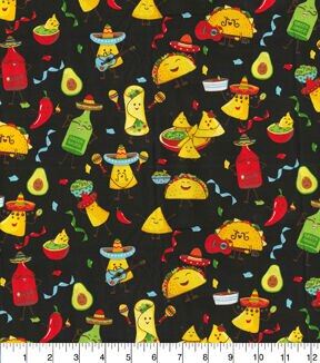 Taco Party on Black Novelty Cotton Fabric