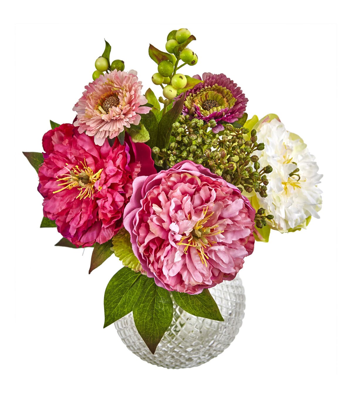 Nearly Natural Hot Pink Peony and Mum in Glass Vase