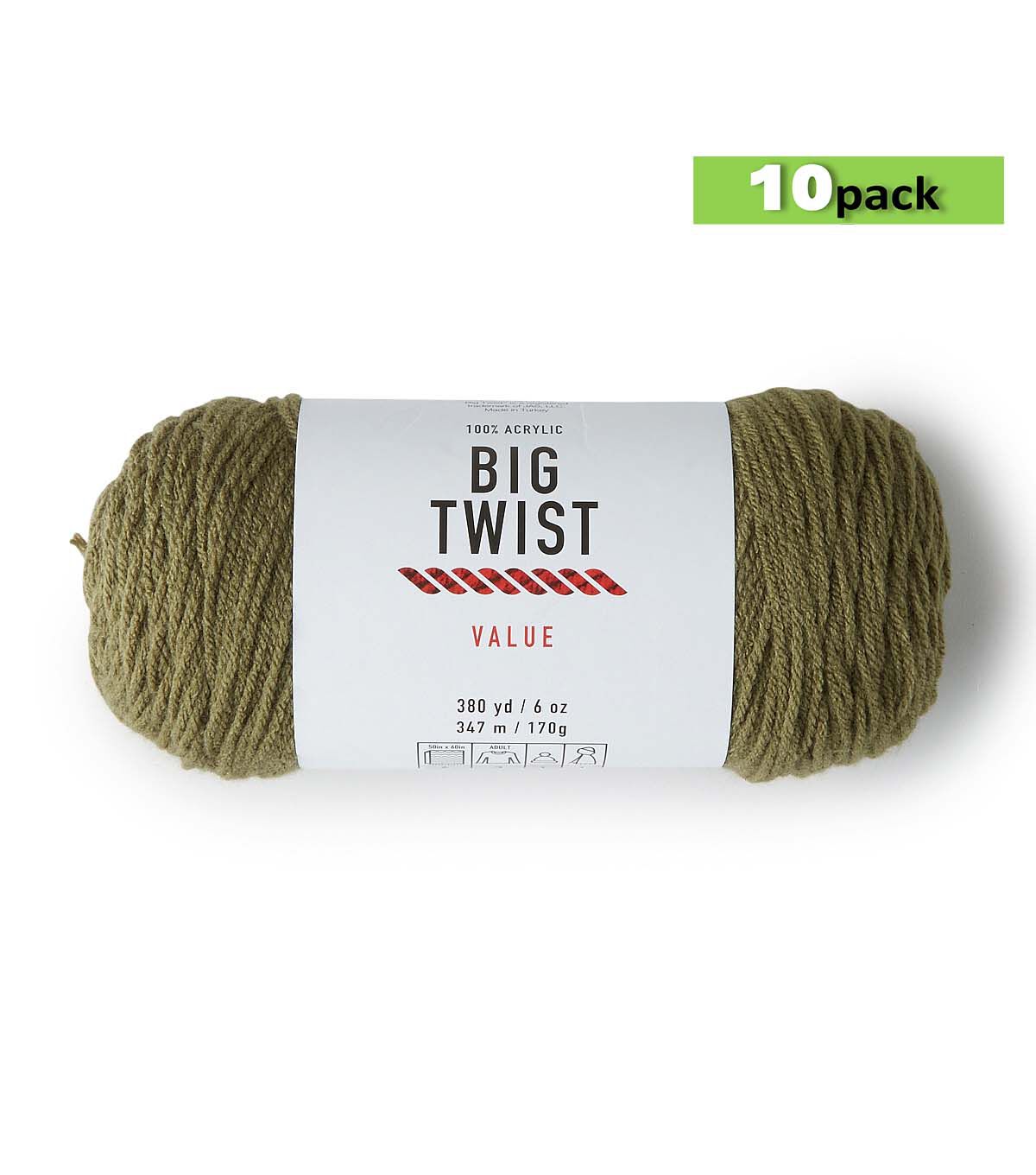10pk Solid Olive Medium Weight Acrylic 380yd Value Yarn by Big Twist