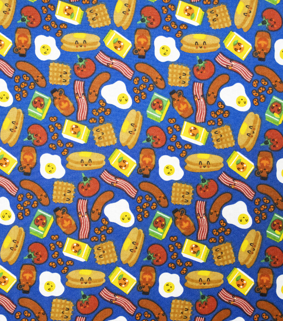 Happy Breakfast Foods on Blue Novelty Cotton Fabric