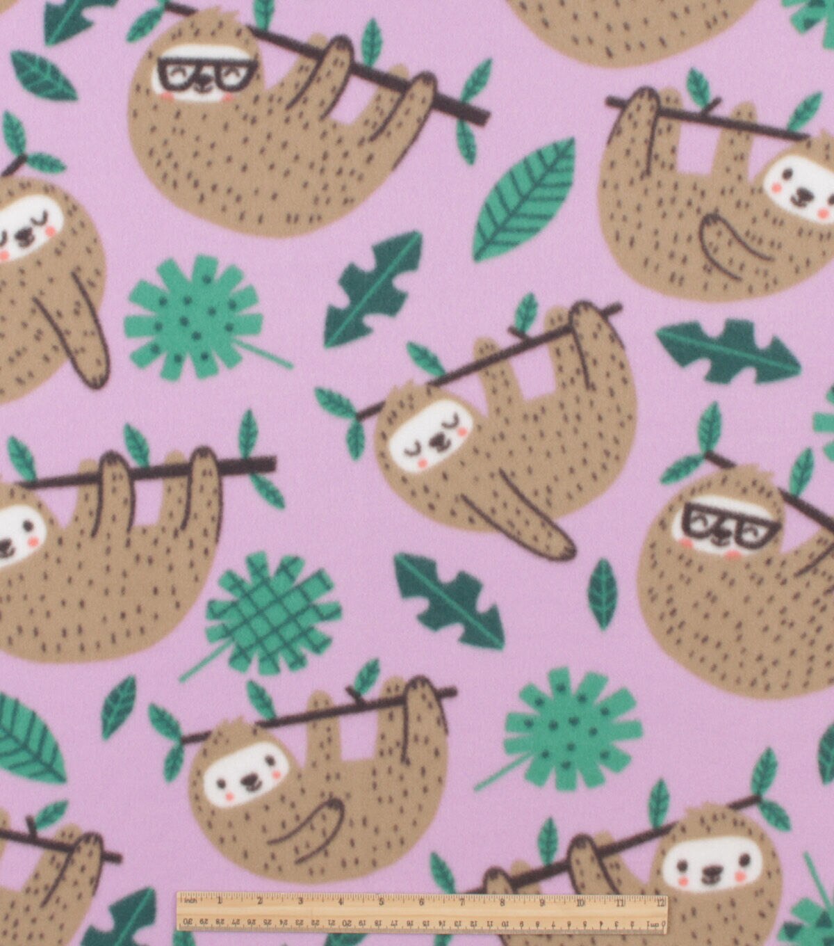 Happy Hanging Sloth on Purple Blizzard Fleece Fabric