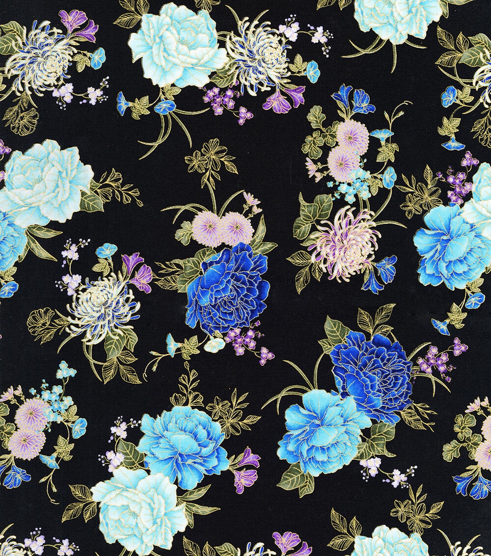 Hi Fashion Blue & Purple Floral Premium Metallic Cotton Fabric