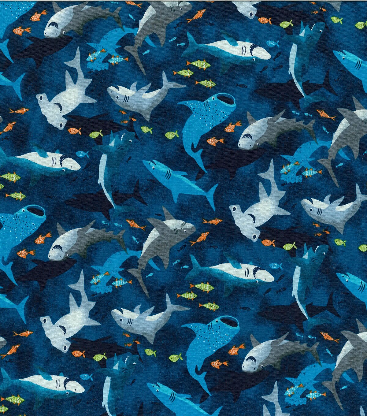 Novelty Cotton Fabric Smiley Sharks Navy
