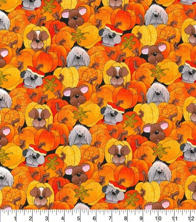 Fall Orange Pumpkin Doggies Cotton Fabric