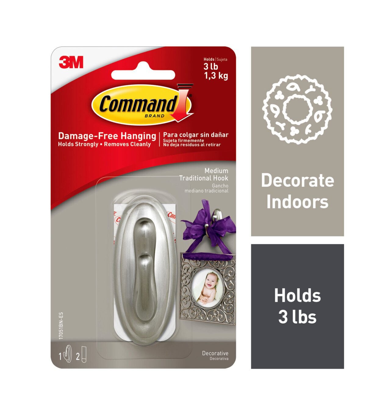 Command 3lbs Nickel Medium Traditional Hook & Strips 3ct