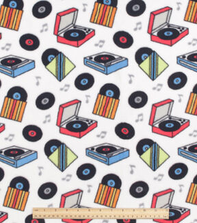 Bright Record Players on White Anti Pill Fleece Fabric