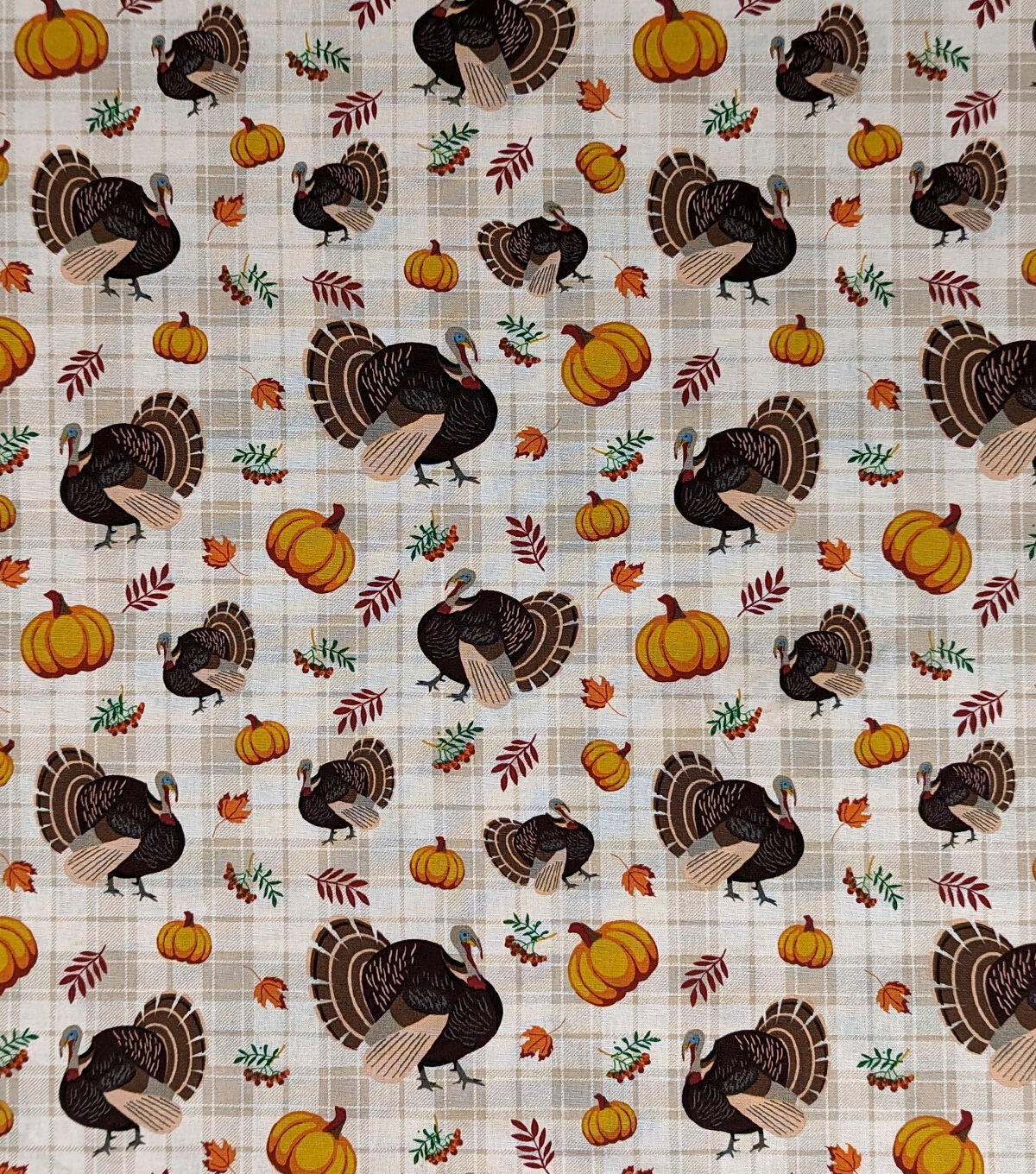 Turkeys On White Check Cotton Fabric