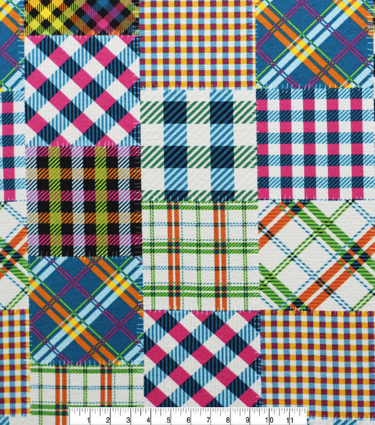 Multicolor Neon Stitched Patched Plaid Super Snuggle Flannel Fabric