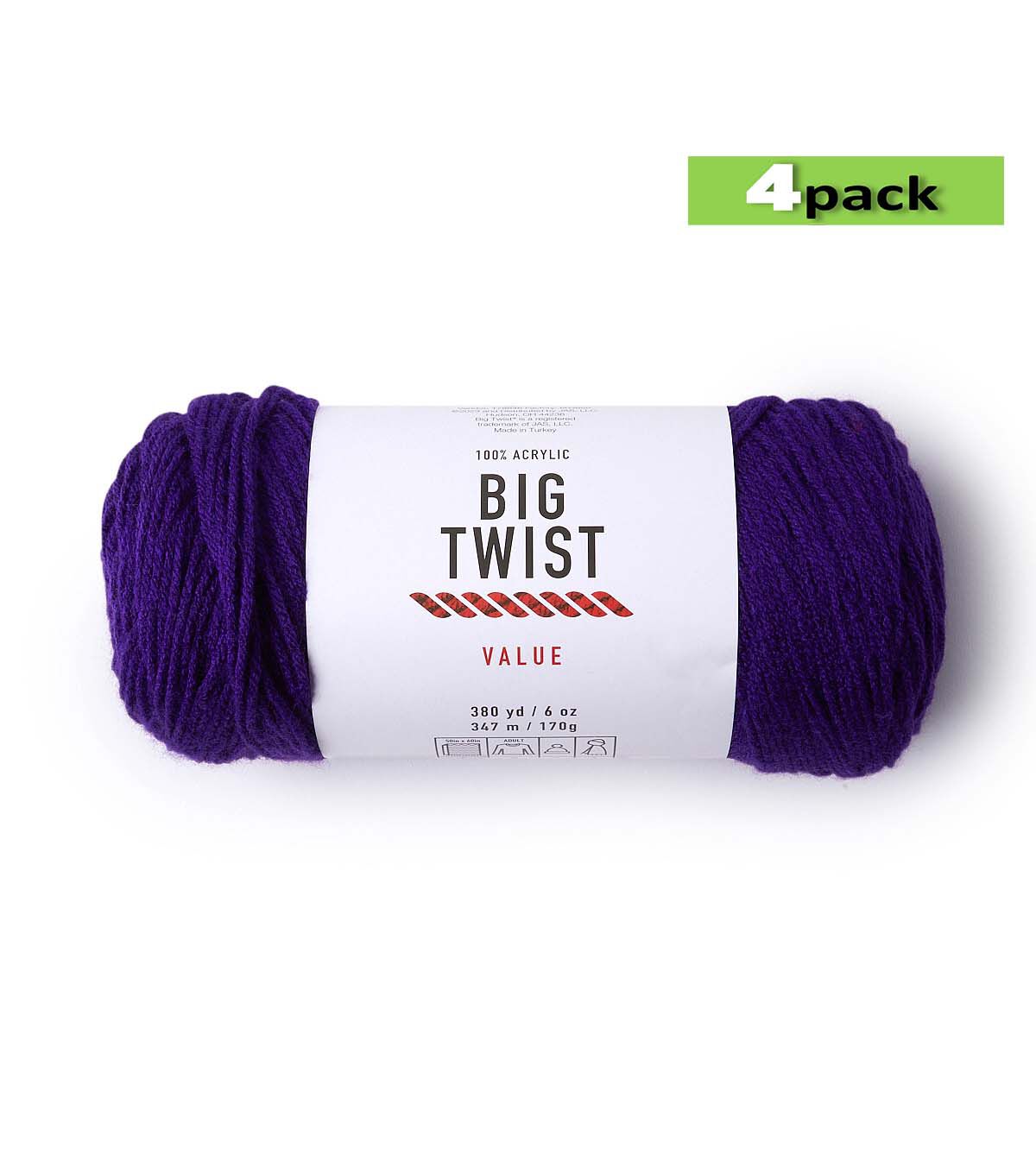 4pk Solid Grape Medium Weight Acrylic 380yd Value Yarn by Big Twist