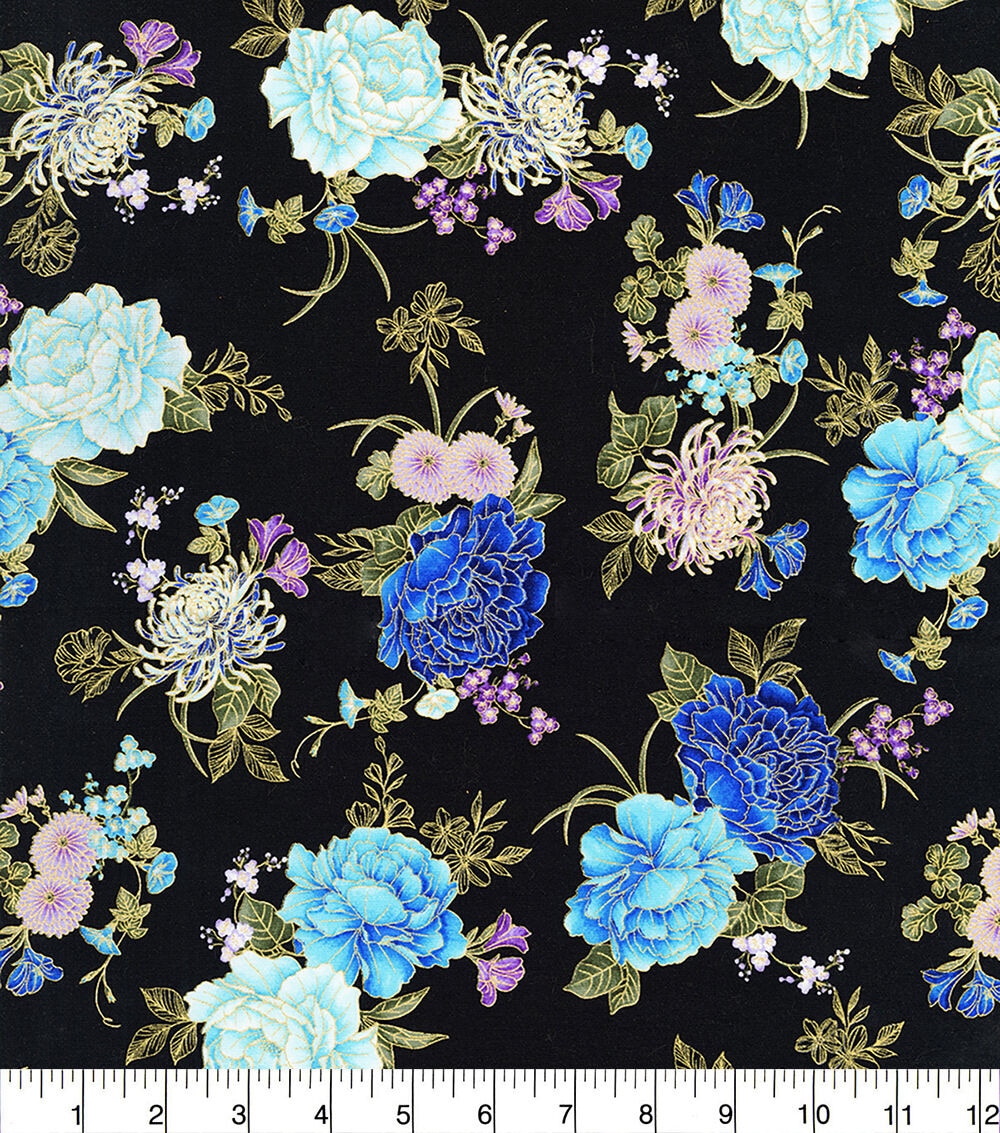 Hi Fashion Blue & Purple Floral Premium Metallic Cotton Fabric