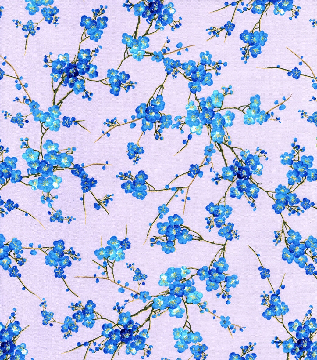 Hi Fashion Blue Floral Blossom Premium Metallic Cotton Fabric