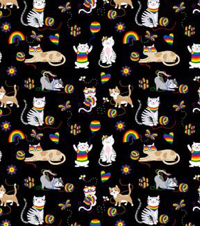 Fabric Traditions Cats & Rainbows on Black Novelty Cotton Fabric