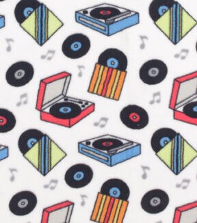 Bright Record Players on White Anti Pill Fleece Fabric