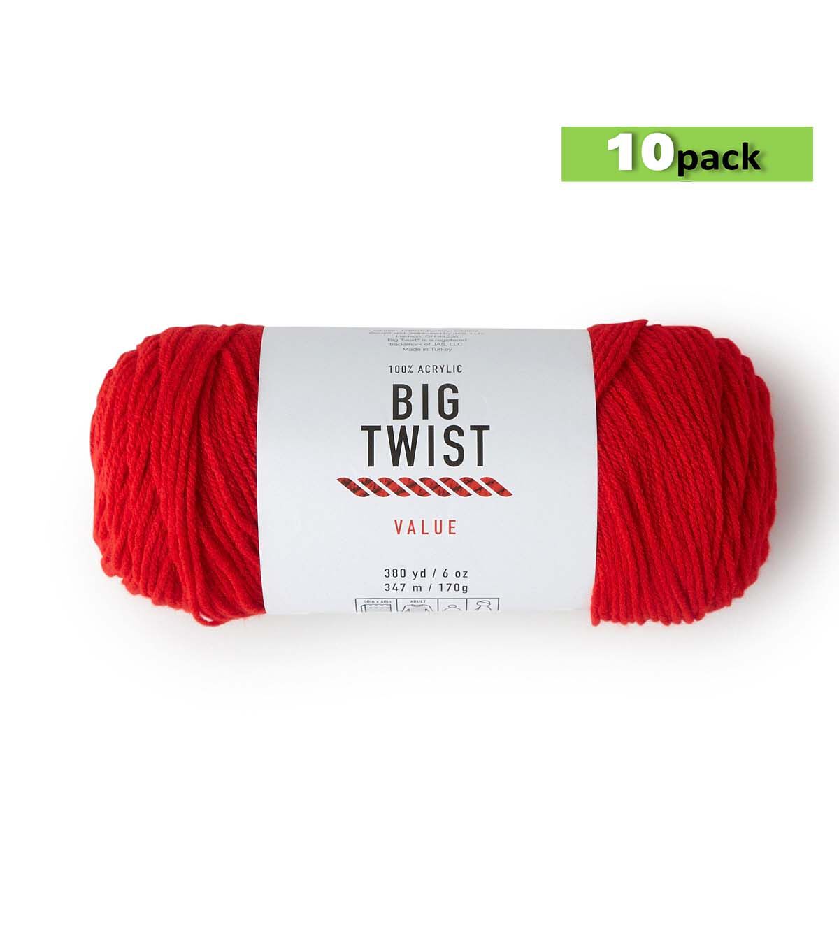 10pk Solid Red Medium Weight Acrylic 380yd Value Yarn by Big Twist