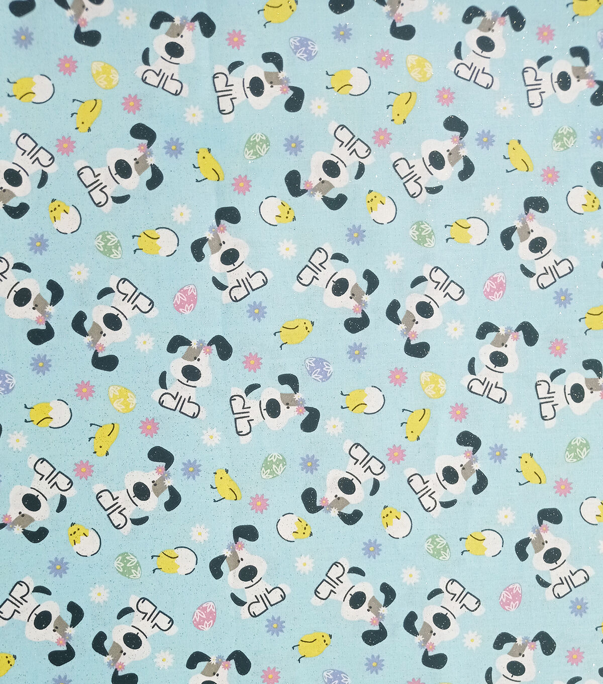 Dog on Blue Easter Glitter Cotton Fabric