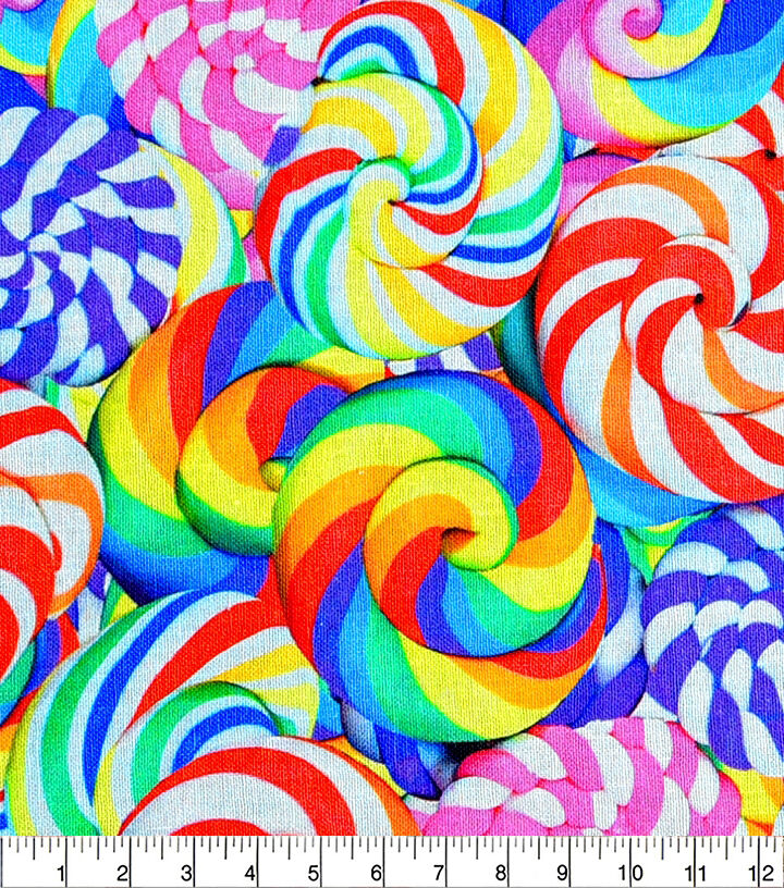 Blue Realistic Lollipops Novelty Cotton Fabric