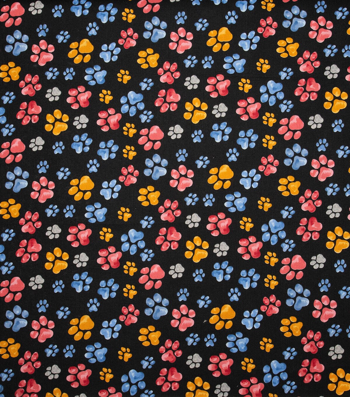 Orange/Blue/Red Paws On Black Novelty Cotton Fabric