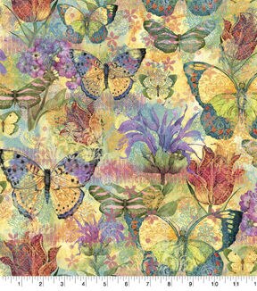 Susan Winget Yellow Butterfly Floral Garden Premium Cotton Fabric