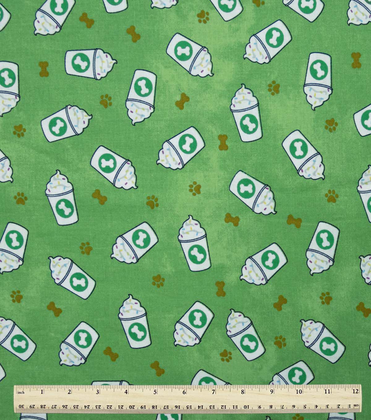 Dog Cups on Green Novelty Cotton Fabric