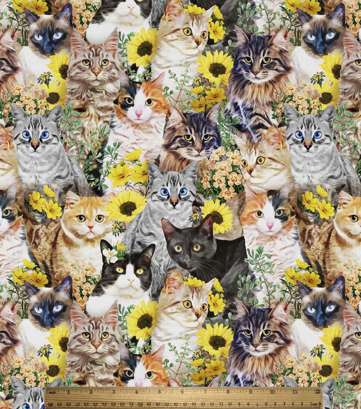 David Textiles Cats & Sunflowers Novelty Cotton Fabric