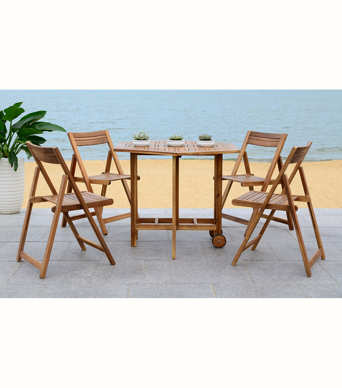 Safavieh Kerman Natural Outdoor Table With 4pc Foldable Chair Set