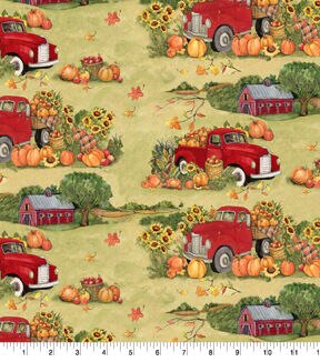 Red Truck On The Farm Harvest Cotton Fabric