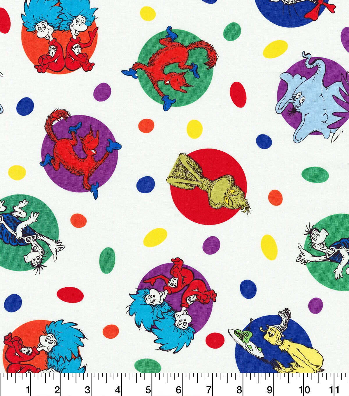 Dr Seuss Colorful Pals on White Cotton Fabric