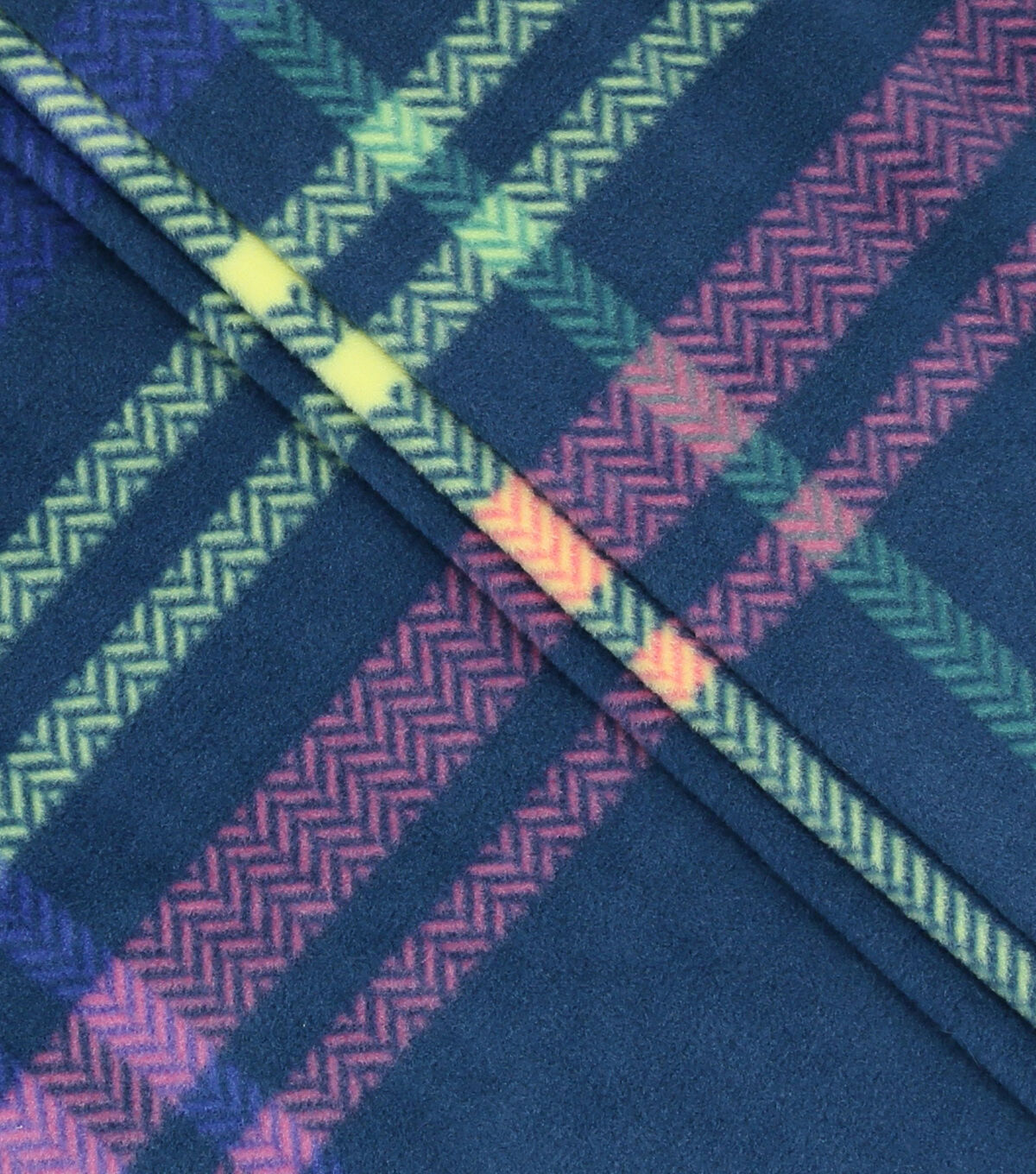 Neon & Pink Plaid on Blue Anti Pill Fleece Fabric