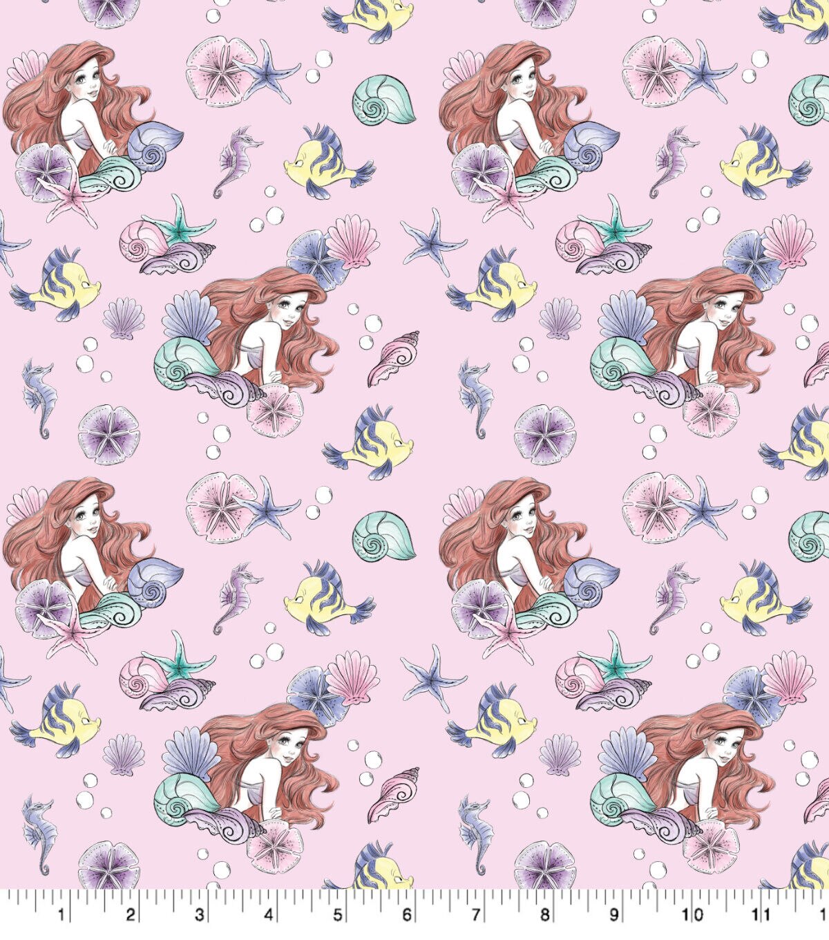 Disney The Little Mermaid Ariel & Friends Pearl on Pink Cotton Fabric