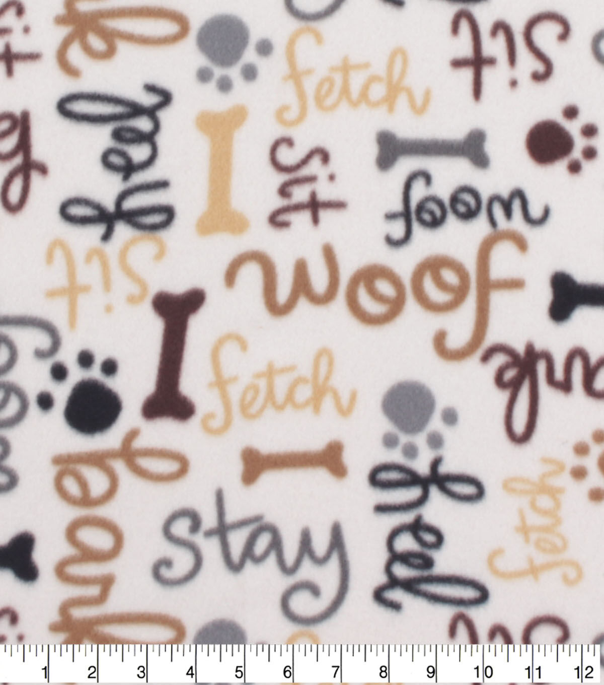 Blizzard Fleece Fabric Neutral Dog Words