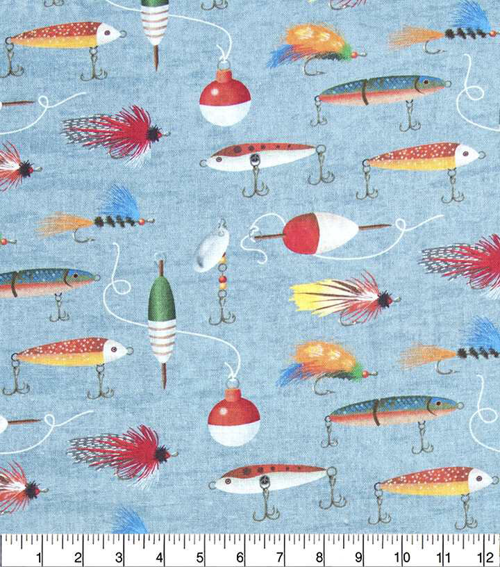 Blue Fishing Hooks & Bobbins Novelty Prints Cotton Fabric