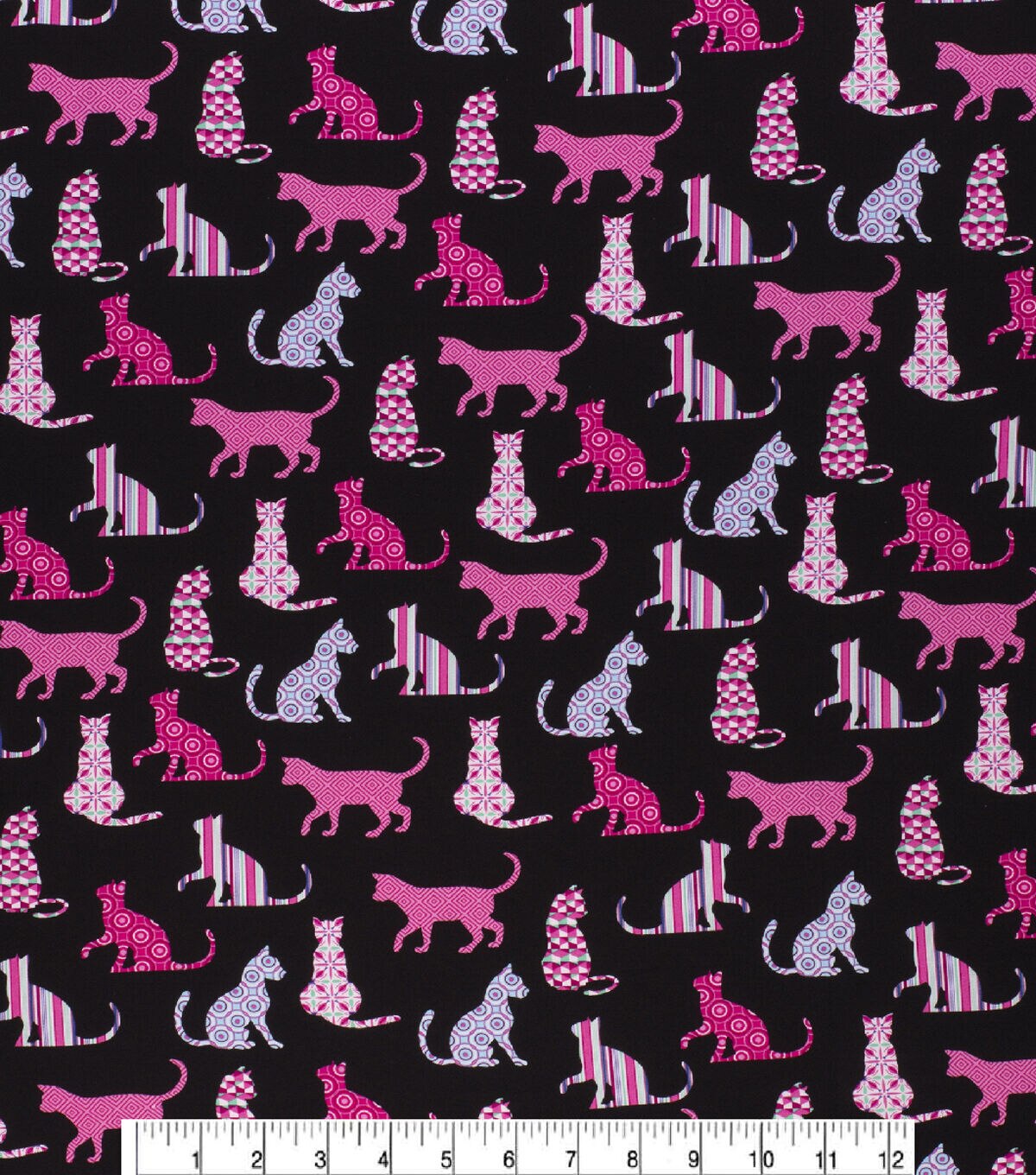 Novelty Cotton Fabric Patterned Pink Cats on Black