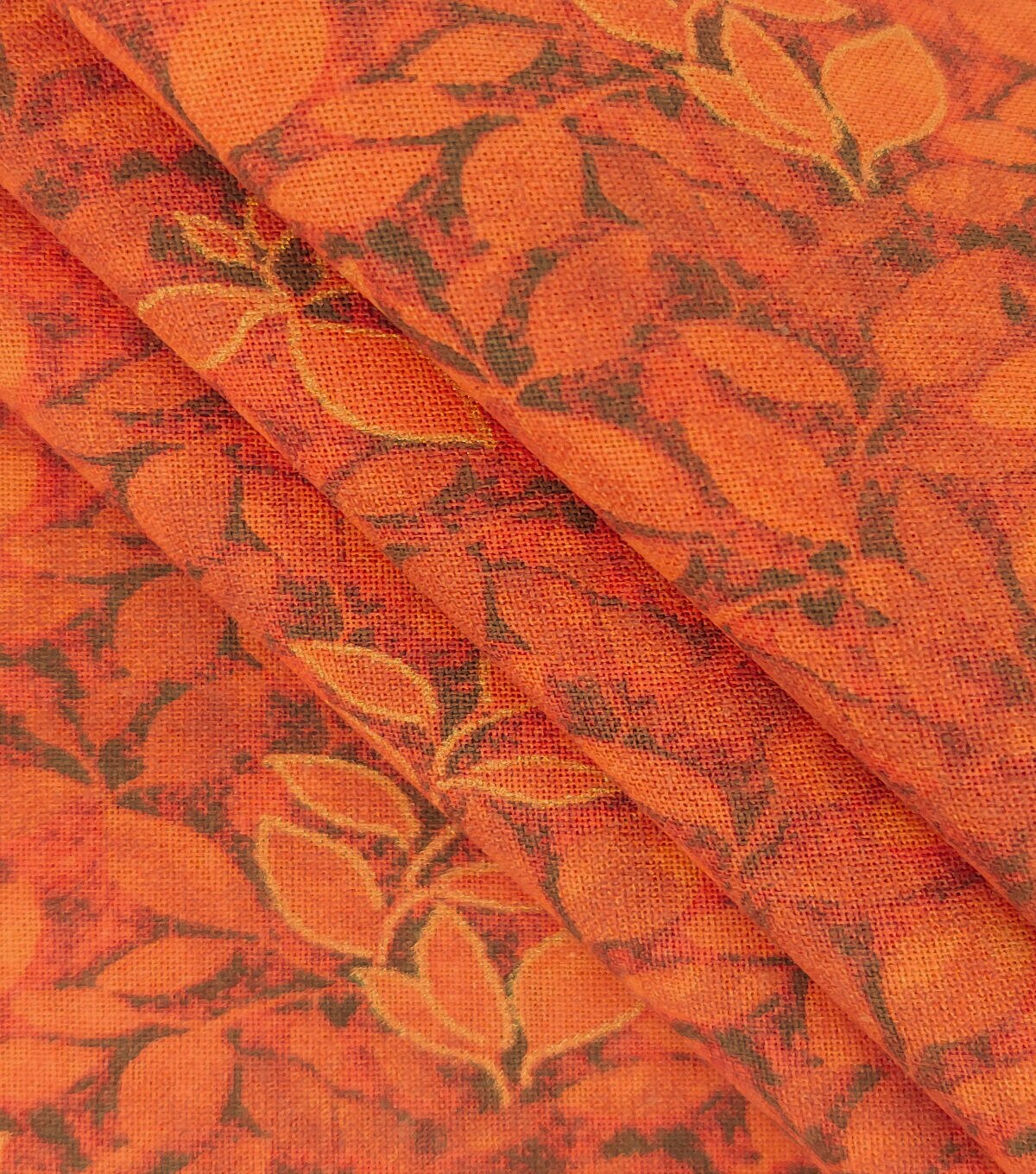 Copper Orange Leaves Fall Print Metallic Cotton Fabric