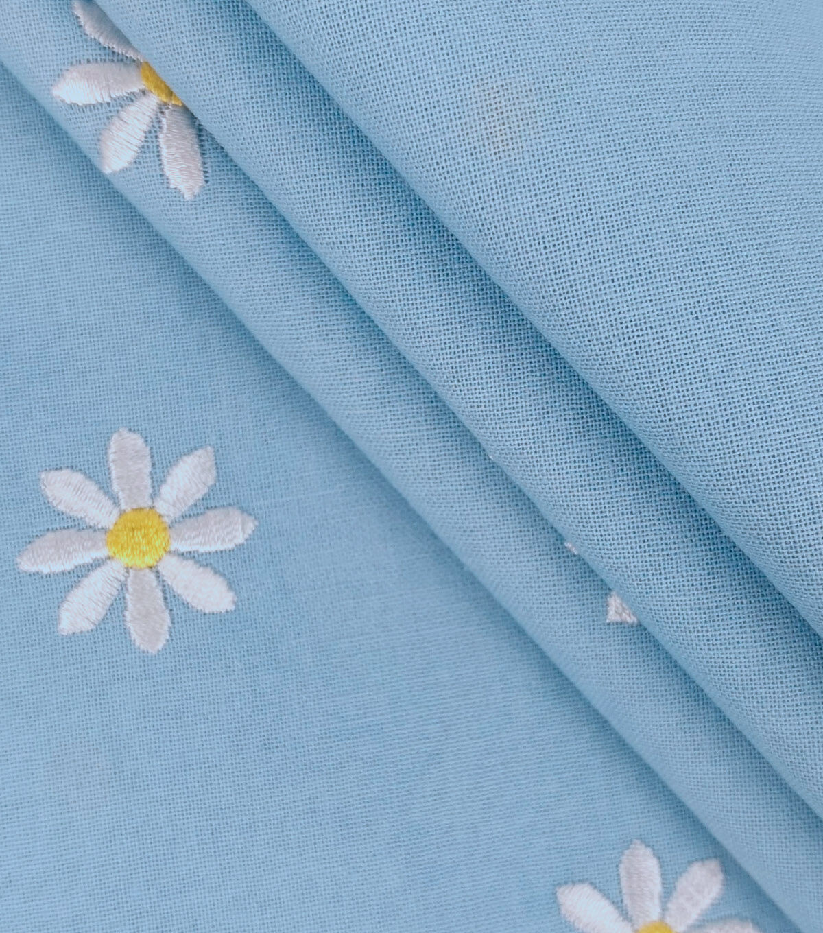 Daisy Embroideries on Light Blue Quilt Cotton Fabric by Keepsake Calico