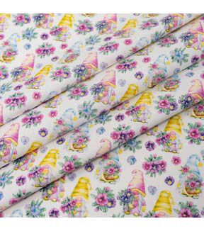SINGER Gnomes & Floral on White Cotton Fabric by Keepsake Calico