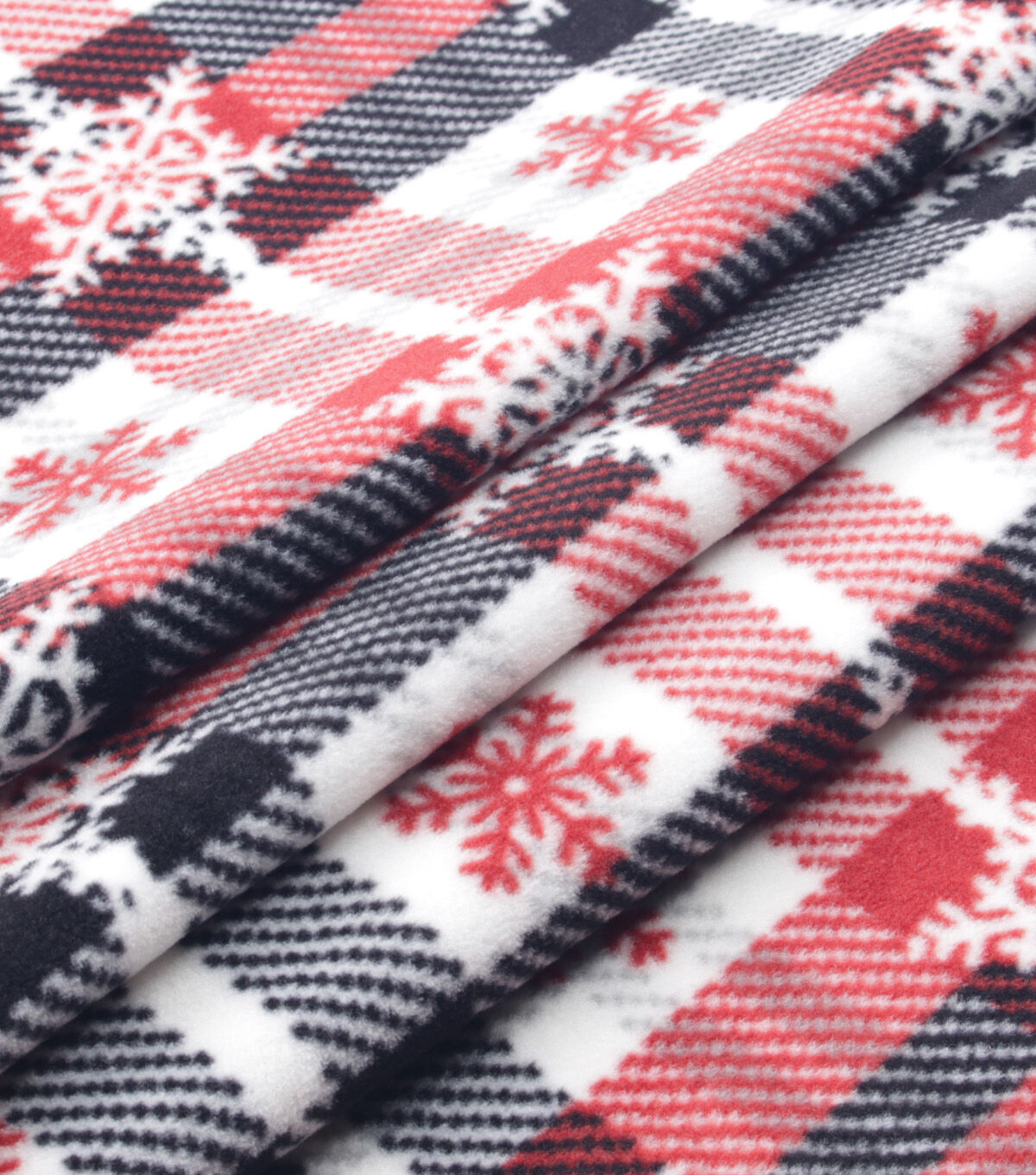 Snowflakes on Red & Black Plaid Anti Pill Fleece Fabric