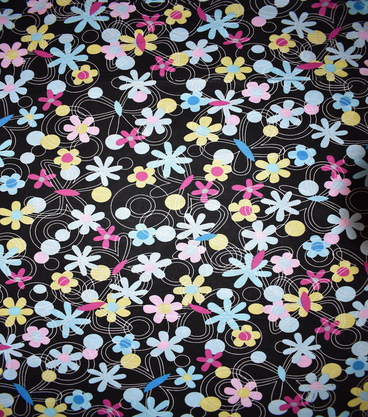 Multi Color Daisy Black Novelty Cotton Fabric