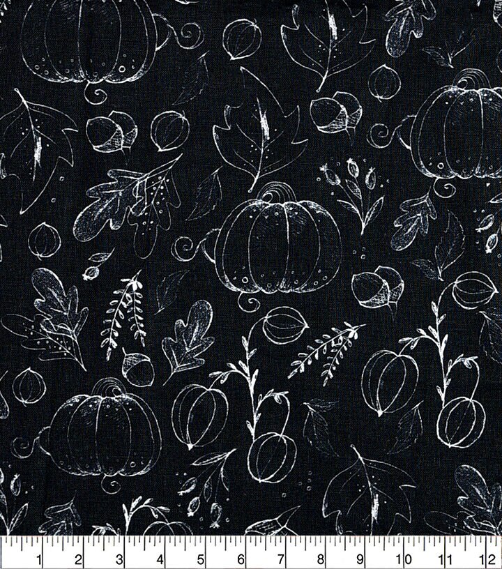 Chalkboard Pumpkins on Black Cotton Fabric