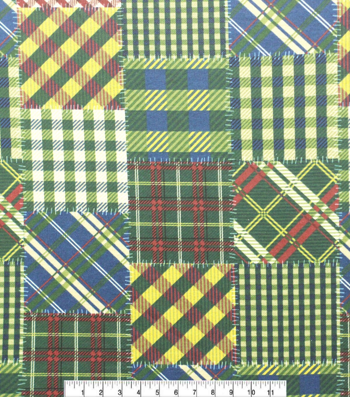 Green Stitched Patched Plaid Super Snuggle Flannel Fabric
