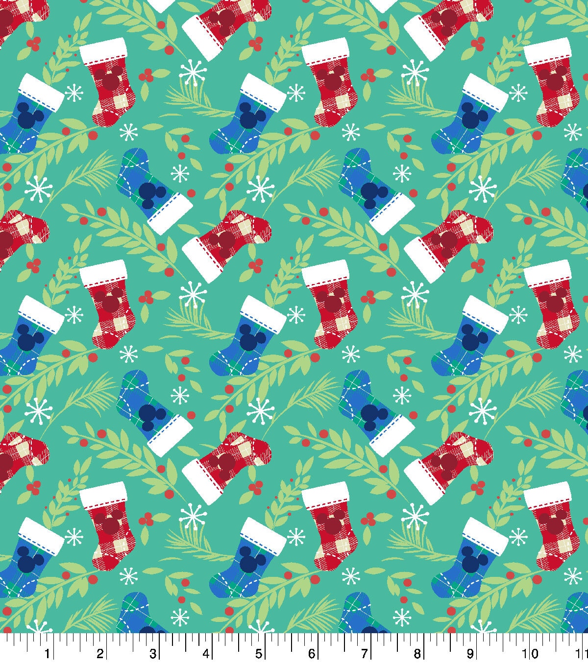 Disney Mickey Stockings & Leaves Christmas Flannel Fabric