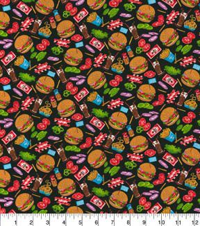 Fabric Traditions Diner Food on Black Novelty Cotton Fabric