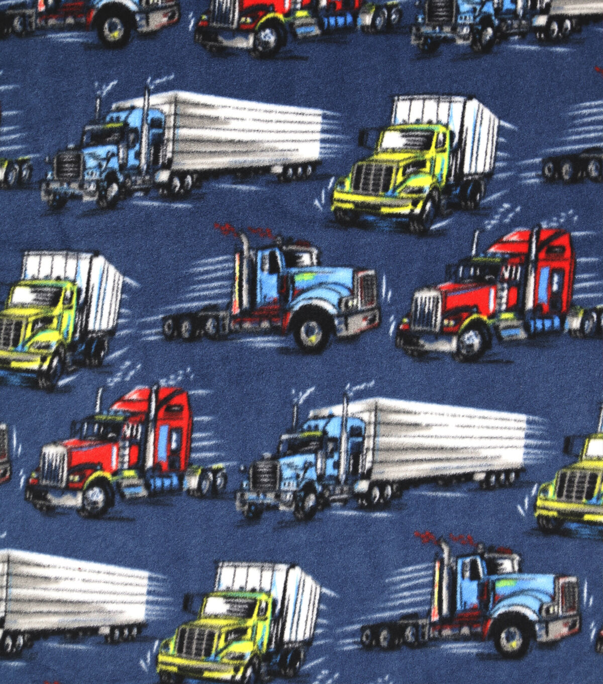 Speeding Semi Trucks on Blue Anti Pill Fleece Fabric