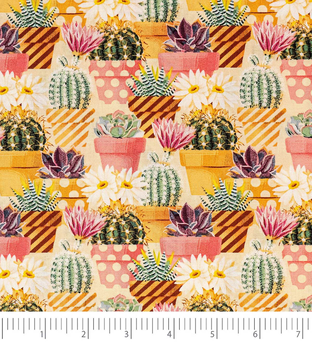 Singer Succulents On Tan Cotton Fabric